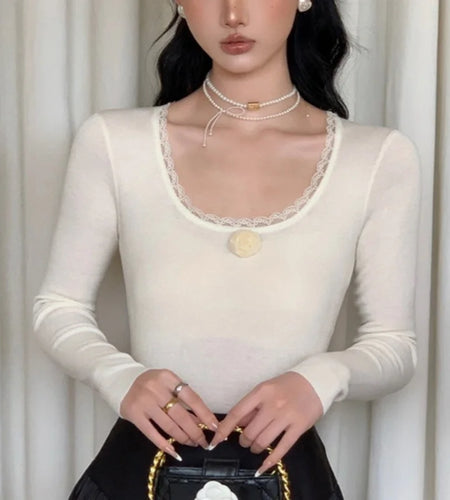 y2k Clothes Tops Women 3D Flower Lace Trim Round Neck Long Sleeve Ribbed T Shirt 2000s Aesthetic Clothing Streetwear