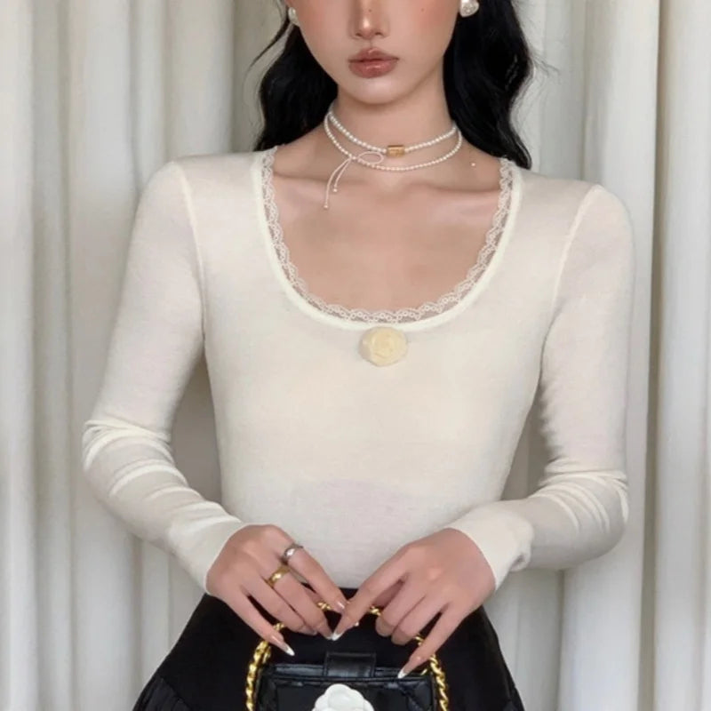 y2k Clothes Tops Women 3D Flower Lace Trim Round Neck Long Sleeve Ribbed T Shirt 2000s Aesthetic Clothing Streetwear