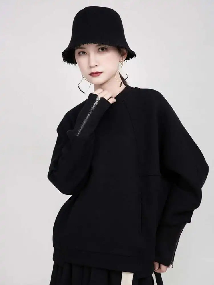 Loose Fit White Cuff Zipper Sweatshirt New Round Neck Long Sleeve Women Big Size Fashion Spring Autumn 2025 1DD5133