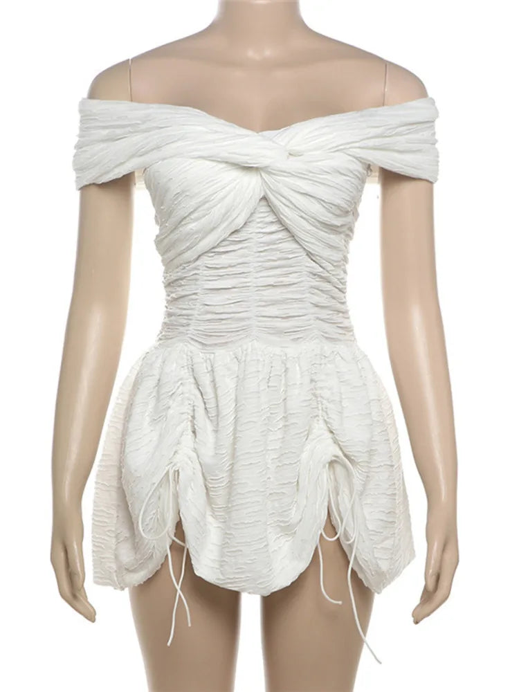 Sexy Off-shoulder Sleeveless Pleated A-line Mini Dress For Women Patchwork Slim Fit Summer Robe High Waist Party Dress