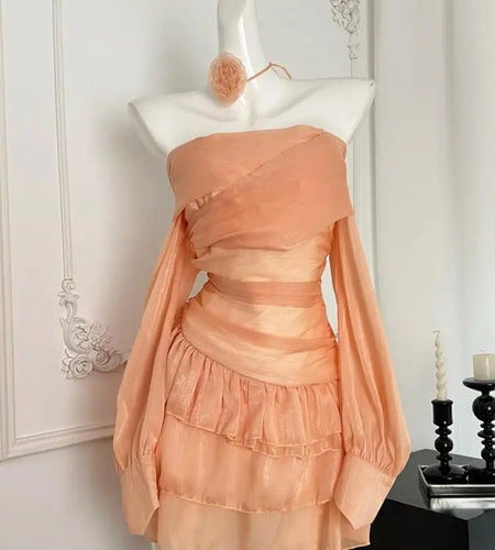 Vintage Women's Autumn Orange Off Shoulder Long Sleeved Short Dress French Fashion Sexy Club High Waist Ruffles Mini Dress Trend