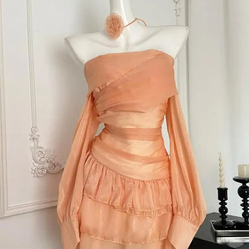 Load image into Gallery viewer, Vintage Women's Autumn Orange Off Shoulder Long Sleeved Short Dress French Fashion Sexy Club High Waist Ruffles Mini Dress Trend
