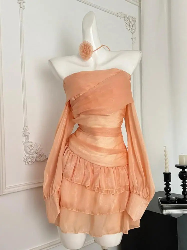 Vintage Women's Autumn Orange Off Shoulder Long Sleeved Short Dress French Fashion Sexy Club High Waist Ruffles Mini Dress Trend