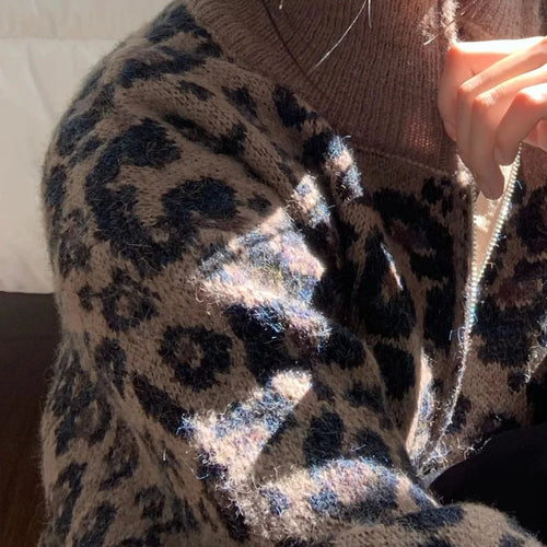 Load image into Gallery viewer, Y2k Aesthetic Leopard Print Casual Cardigans 2025 Women Vintage Stand Neck Knitwear Tops Harajuku Loose Grunge Patchwork Sweater
