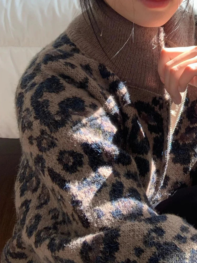 Y2k Aesthetic Leopard Print Casual Cardigans 2025 Women Vintage Stand Neck Knitwear Tops Harajuku Loose Grunge Patchwork Sweater