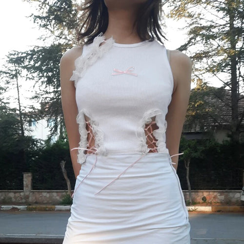 Load image into Gallery viewer, Cutecore Coquette Bow Summer Tank Top Skinny Korean Vest Short Lace Spliced Crop Tops Lolita Tie Up Kawaii Tee Ruched
