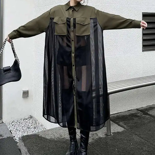 Load image into Gallery viewer, Women Army Green Mesh Color-block Big Size Long Shirt Dress New Lapel Long Sleeve Fashion Tide Spring Autumn 2025 1DH6066
