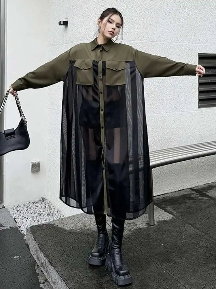 Women Army Green Mesh Color-block Big Size Long Shirt Dress New Lapel Long Sleeve Fashion Tide Spring Autumn 2025 1DH6066