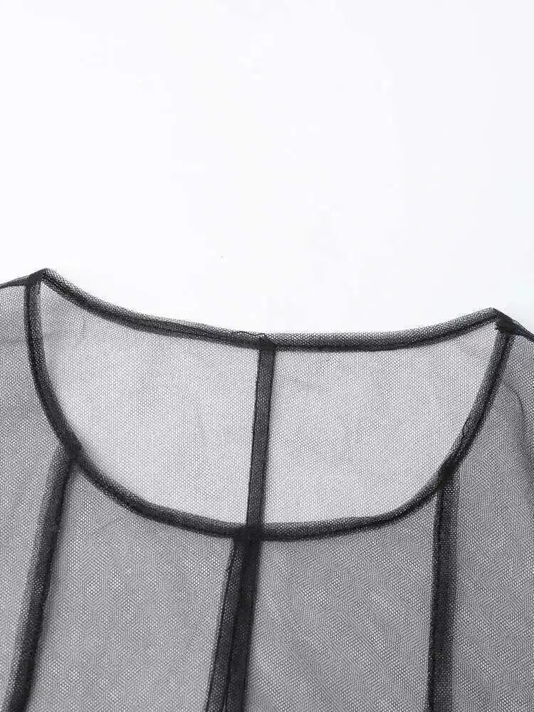 Women Black Irregular Ruffles Mesh Elegant Perspective Dress New Round Neck Sleeveless Fashion Spring Summer 2025 CPDB108