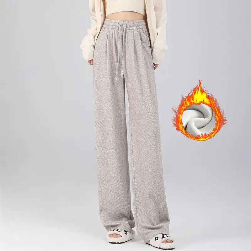 Winter Women Solid Velvet High Waist Drawstring Pant Korean Fashion Versatile Wide Leg Trousers Casual Thick New 2024 Trend Chic