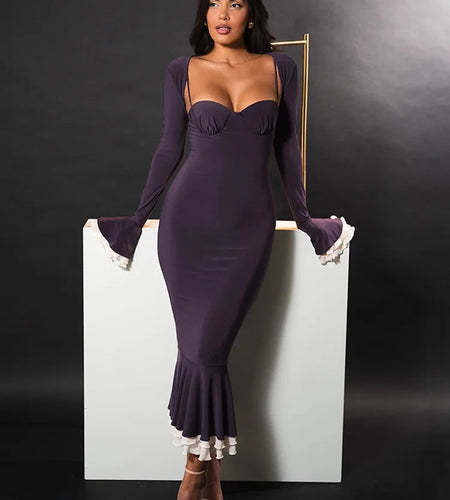 Elegant Long Flared Sleeve Elastic Tight Women Two-piece Set  Autumn/Winter New 2025 Sexy Party Club Evening Dress