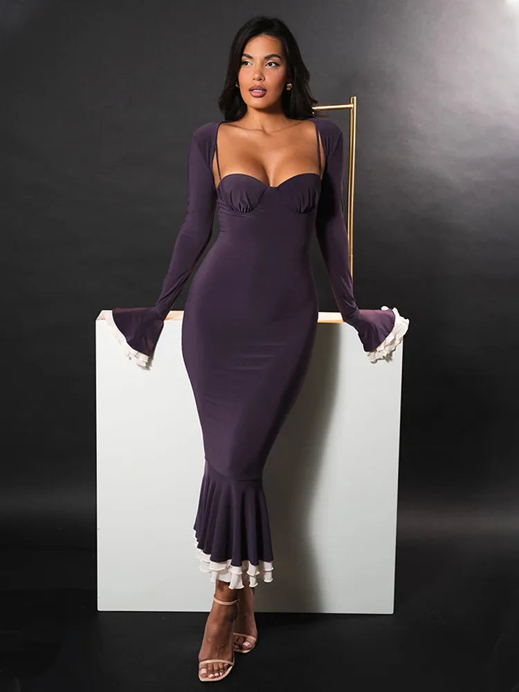 Elegant Long Flared Sleeve Elastic Tight Women Two-piece Set  Autumn/Winter New 2025 Sexy Party Club Evening Dress