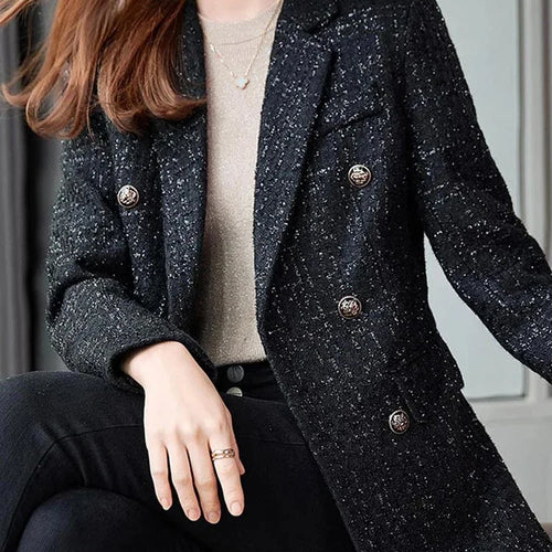 Load image into Gallery viewer, Women&#39;s Casual Long Slee Double-Breasted Tweed Blazers French Elegance Thick Long Overcoat with Button for Winter Women Blazers
