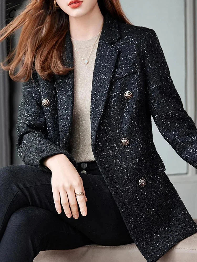 Women's Casual Long Slee Double-Breasted Tweed Blazers French Elegance Thick Long Overcoat with Button for Winter Women Blazers