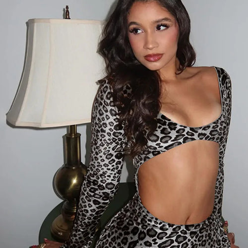 Load image into Gallery viewer, Leopard Print Long Sleeve Sexy Maxi Dress For Women Fashion Hollow Out Bodycon Printed Sexy Long Dress Elegant
