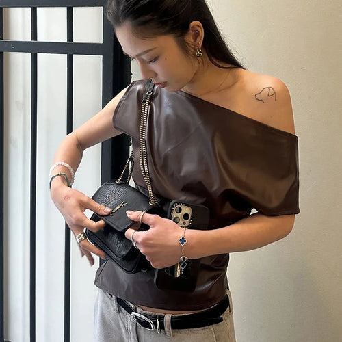 Load image into Gallery viewer, Faux Leather t-Shirt Women One Shoulder Irregular Hem Folds High Street Fashion Hottie Daily Simple Music Festival Tops
