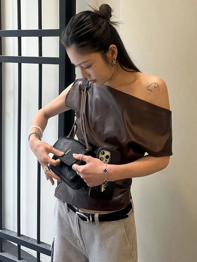 Faux Leather t-Shirt Women One Shoulder Irregular Hem Folds High Street Fashion Hottie Daily Simple Music Festival Tops