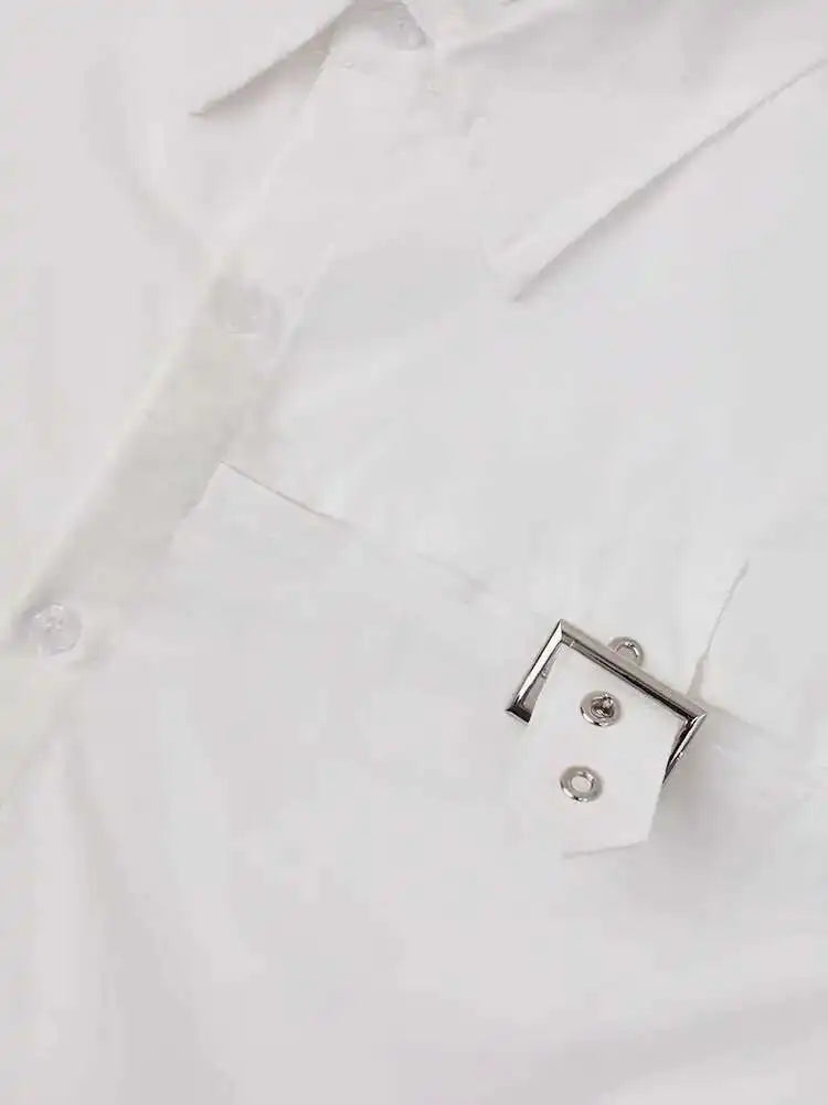 Women White Buckle Pocket Big Size Casual Blouse New Lapel Long Sleeve Shirt Fashion Tide Spring Autumn 2025 CPG1715