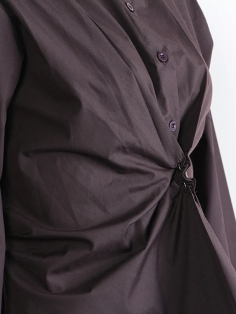 Women Brown Pleated Elegant Irregular Big Size Blouse New Lapel Long Sleeve Shirt Fashion Tide Spring Autumn 2025  1DJ1089
