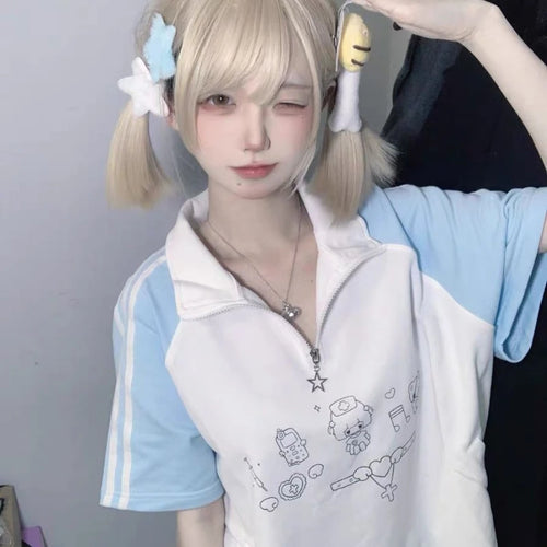 Load image into Gallery viewer, Japanese Preppy Style Cartoon Print T-shirt Summer Contrast Color Patchwork Grunge Tops Harajuku Stand Neck Zipper Loose Tshirts
