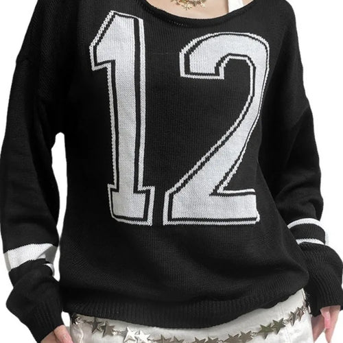 Load image into Gallery viewer, Harajuku Vintage Grunge Letter Sweaters Women Y2k Aesthetic Patchwork Slash Neck Jumpers Streetwear Casual Gothic Pullovers
