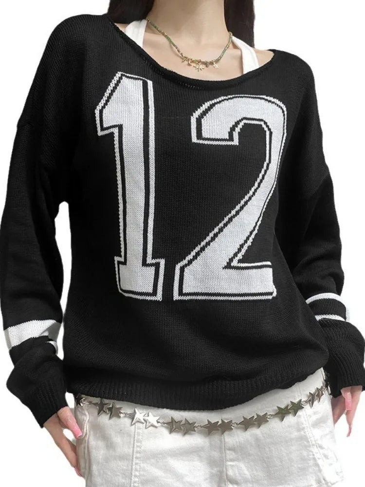 Harajuku Vintage Grunge Letter Sweaters Women Y2k Aesthetic Patchwork Slash Neck Jumpers Streetwear Casual Gothic Pullovers