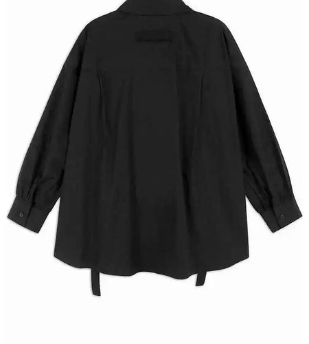 Women Black Cross Ribbon Big Size Casual Blouse New Lapel Long Sleeve Shirt Fashion Tide Spring Autumn 2025 1DH4579