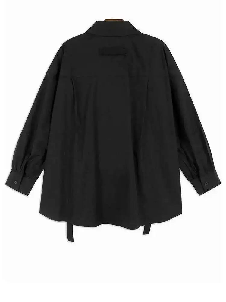 Women Black Cross Ribbon Big Size Casual Blouse New Lapel Long Sleeve Shirt Fashion Tide Spring Autumn 2025 1DH4579