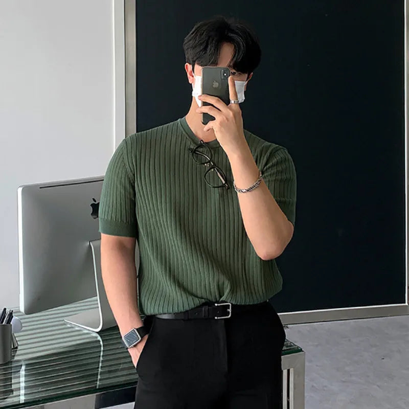 Men's T-shirts New Summer Short Sleeved Knitted Trendy Korean Style Round Neck Solid Color Pullover Male Clothing 9W1822