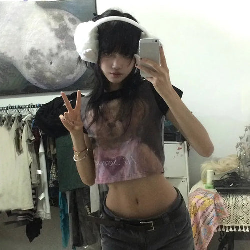 Load image into Gallery viewer, Japanese Y2k Crop Top 2000s Aesthetics Bear Print Short Sleeve T-shirt Vintage Harajuku Lace Patchwork Tee Shirt Lolita
