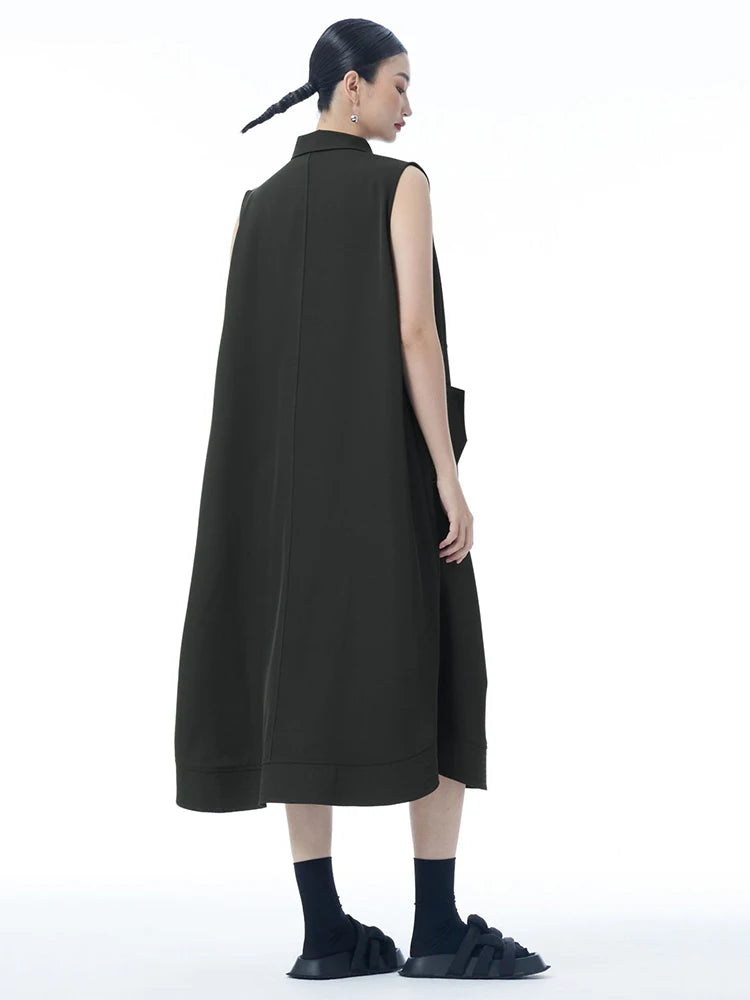 Women Dark Gray Zipper Pocket Big Size Midi Shirt Dress New Lapel Sleeveless Fashion Tide Spring Summer 2025 1DJ0950