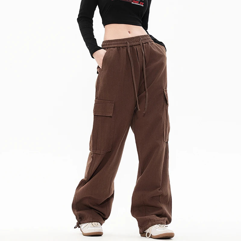 Solid Color Multi Pocket Men's Pants Casual Straight Drawstring Trendy Elastic Waist Wide Leg Simple Male Trousers 9W101