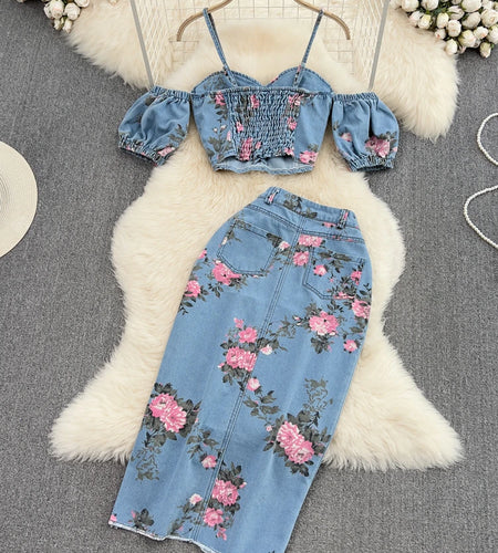 Women 2 Piece Set Denim Fashion Female Hot Girl Chic Sexy Sling Top High Waist Irregular Split Skirt Summer Lady Suit