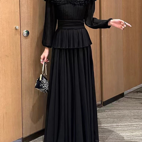 Load image into Gallery viewer, Solid Spliced Ruffles Loose Dresses For Women O Neck Long Sleeve High Waist Temperament Long Dress Female Fashion
