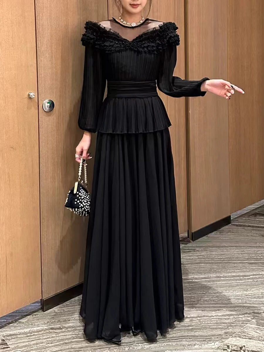 Solid Spliced Ruffles Loose Dresses For Women O Neck Long Sleeve High Waist Temperament Long Dress Female Fashion