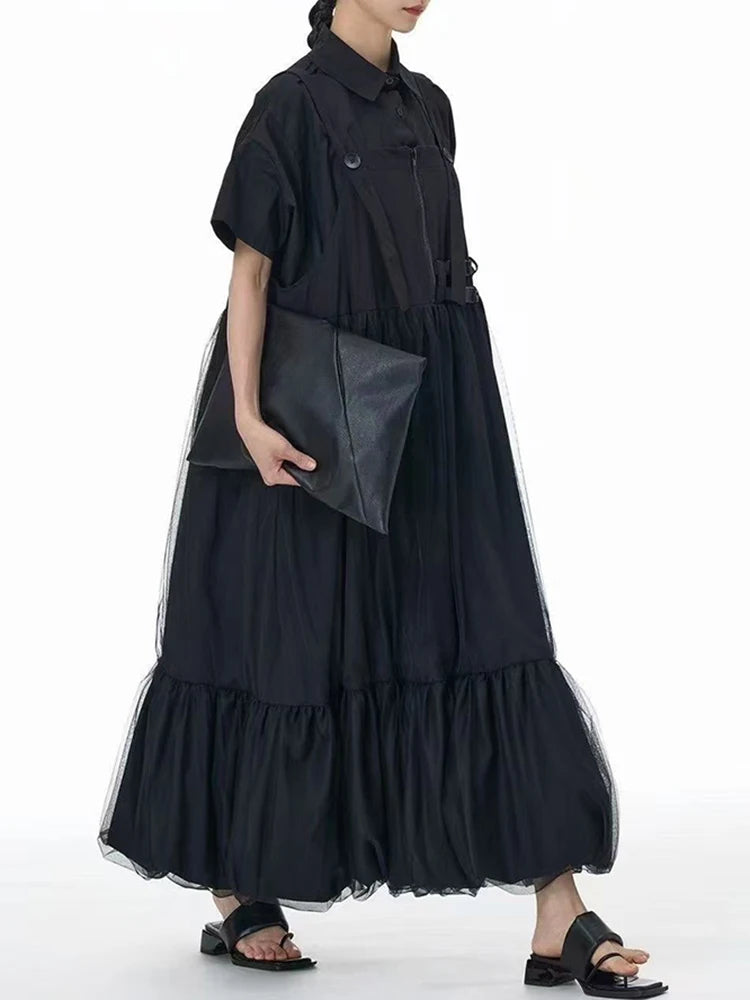 Women Green Mesh Spliced Big Size Bud Strap Dress New Square Collar Sleeveless Fashion Tide Spring Autumn 2025 1DJ1322