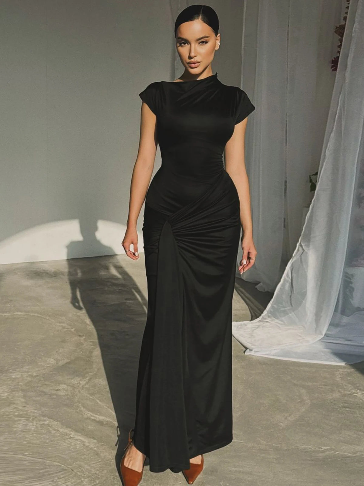 Women Fashion Solid Long Sleeve Ruched Bandage Sexy Bodycon Maxi Prom Dress Summer Y2K Outfits Evening Party Festival