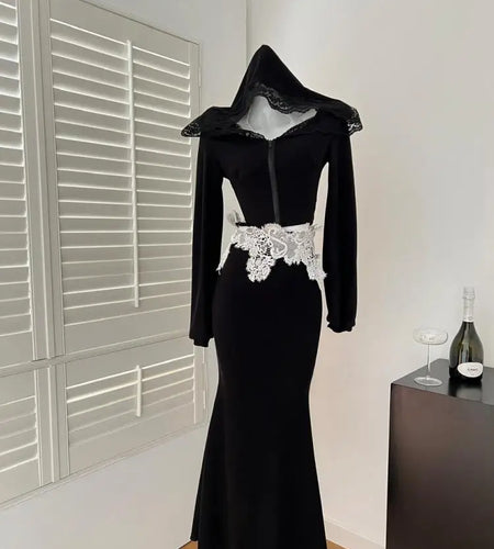 Spring Women's Black Patchwork Lace Hooded Zipper Halter Short Tops And High Waist Fishtail Skirt Festival Two Piece Set Popular