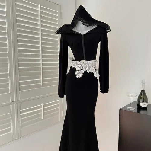 Load image into Gallery viewer, Spring Women&#39;s Black Patchwork Lace Hooded Zipper Halter Short Tops And High Waist Fishtail Skirt Festival Two Piece Set Popular
