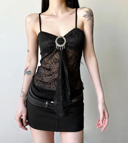 Fairy Coquette Tops y2k Women Sheer Flower Print Spaghetti Strap Sleeveless Camisole 2000s Aesthetic Clothes Streetwear