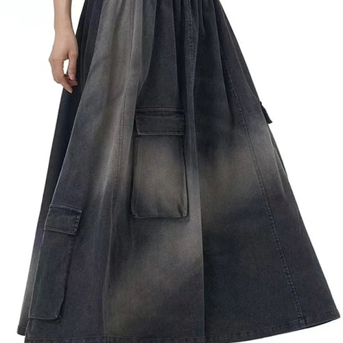 Load image into Gallery viewer, High Elastic Waist Blue Pocket Denim Vintage A-line Half-body Skirt Women Fashion Tide New Spring Autumn 2025 1DH9644
