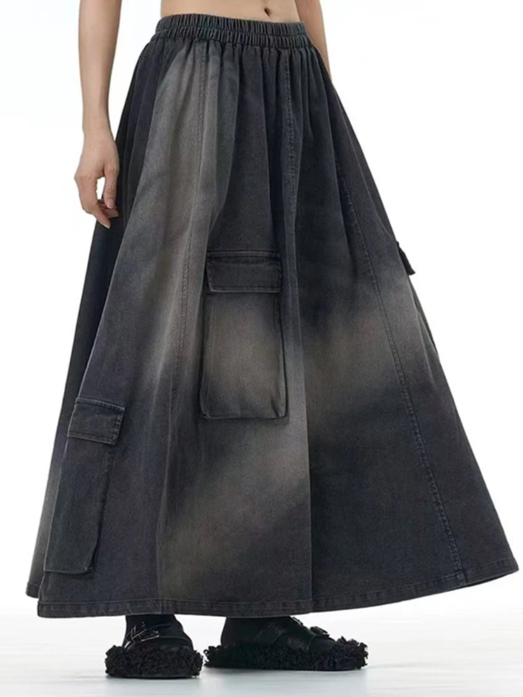 High Elastic Waist Blue Pocket Denim Vintage A-line Half-body Skirt Women Fashion Tide New Spring Autumn 2025 1DH9644