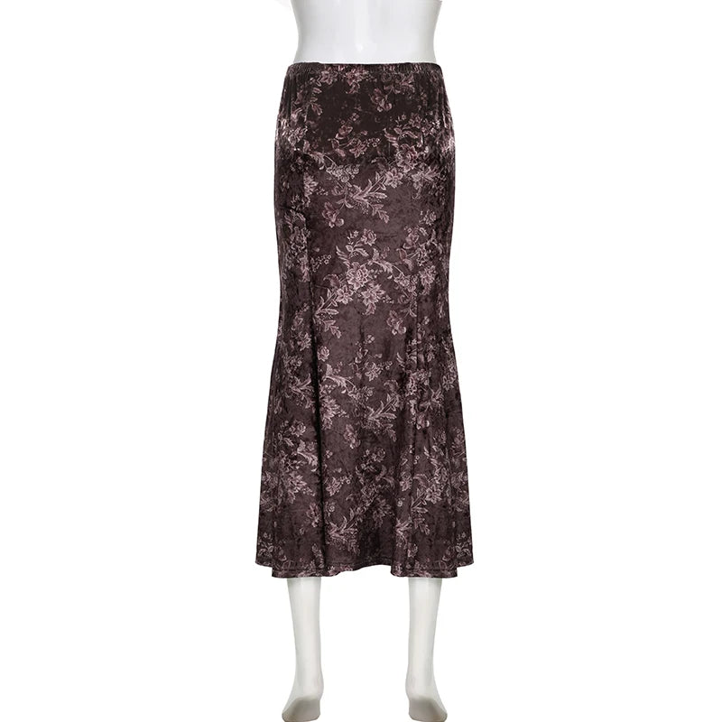 Fairycore Vintage Brown Velour Long Skirt Female Flowers Printed Y2K Party Autumn Skirt Aesthetic Fashion Elegant