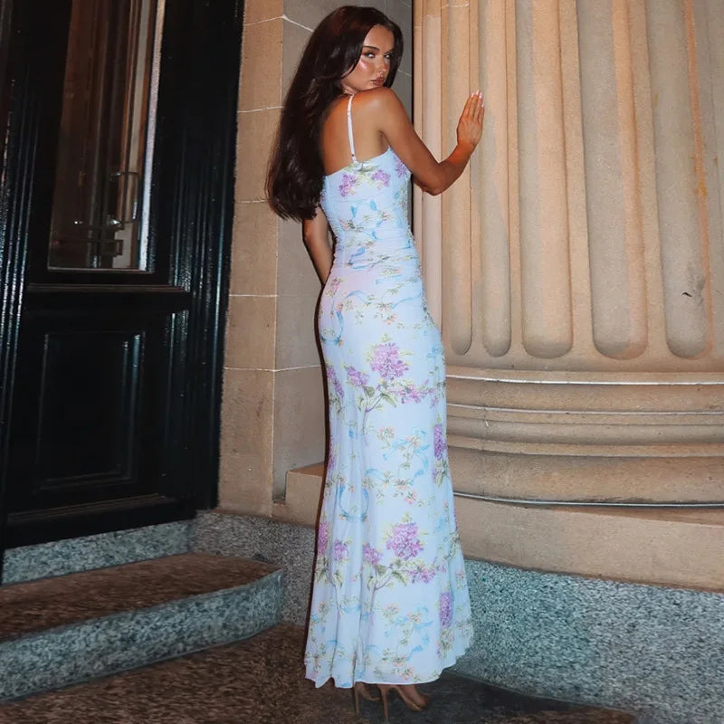 Sleeveless Print Spaghetti Strap Slash Neck Sexy Backless Thigh Split Maxi Dress Women Pleated Vacation Dress Summer