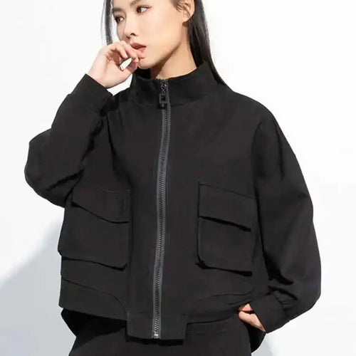 Load image into Gallery viewer, Black Pocket Big Size Casual Jacket New Stand Collar Long Sleeve Women Coat Fashion Tide Spring Autumn 2025 1DH5067
