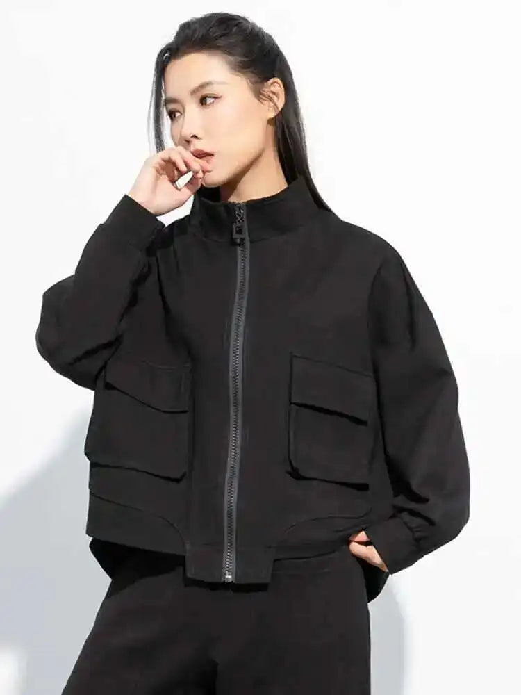 Black Pocket Big Size Casual Jacket New Stand Collar Long Sleeve Women Coat Fashion Tide Spring Autumn 2025 1DH5067