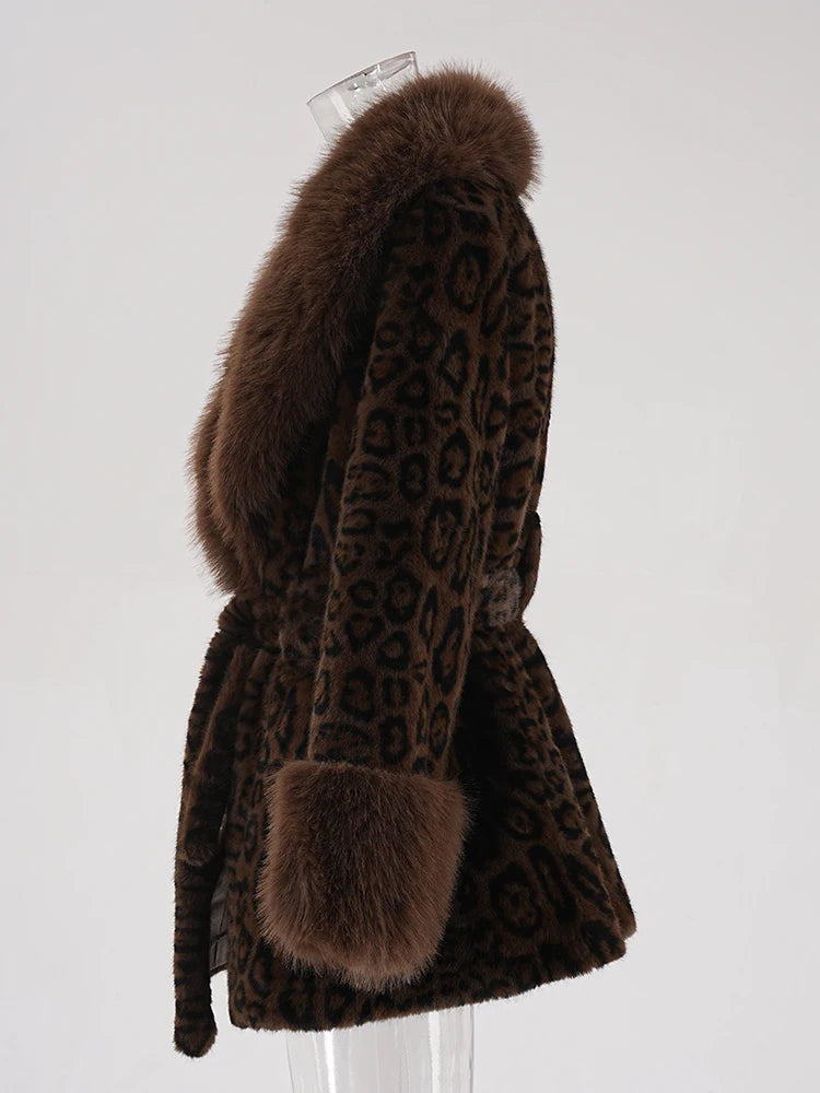 Brown Leopard Big Size Warm Faux Fur Jacket New Lapel Long Sleeve Women Coat Fashion Tide Autumn Winter 2025 CPG2453