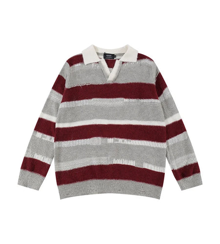 Men's Sweater New Korean Striped Turn-down Collar Contrast Color Design Personality Male Pullover Clothing Spring 9W1895