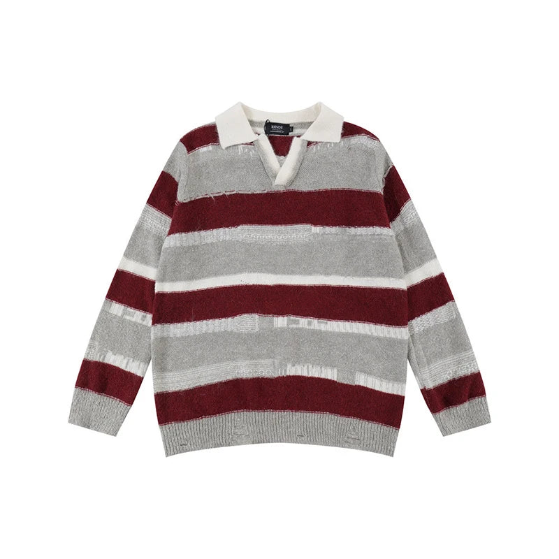 Men's Sweater New Korean Striped Turn-down Collar Contrast Color Design Personality Male Pullover Clothing Spring 9W1895
