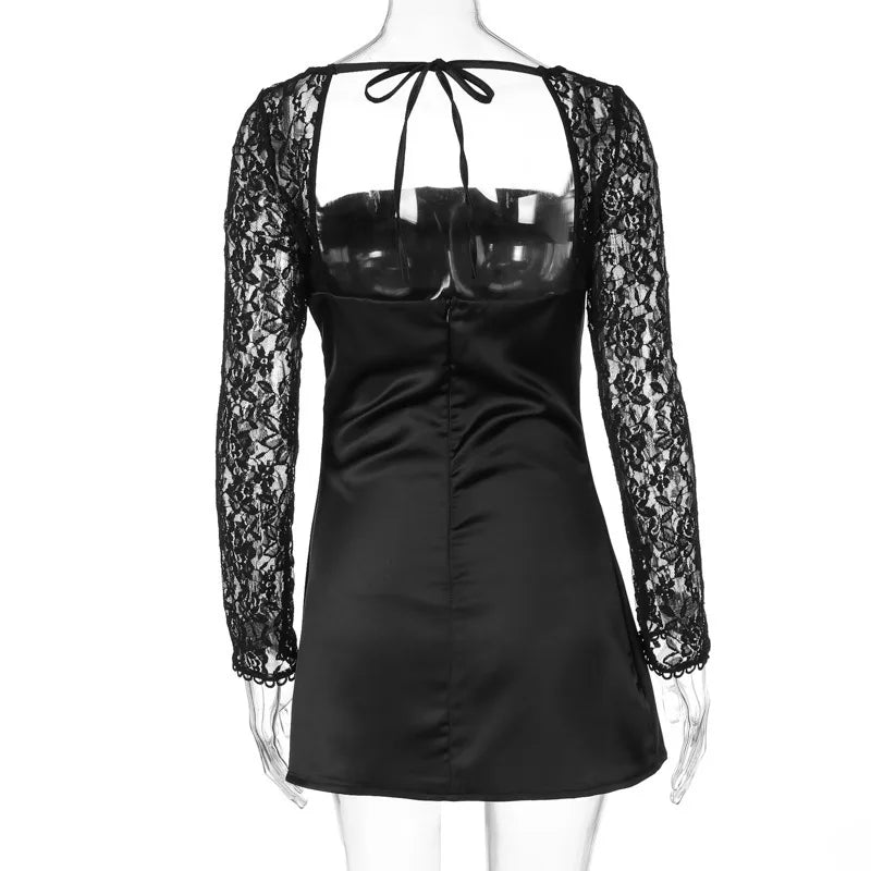Lace Long Sleeve Sexy Mini Dress For Women Robe Square Collar Backless A-line High Waist Club Party Sexy Dress Fashion